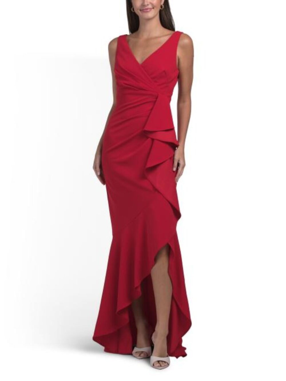 BETSY & ADAM Made In Usa Sleeveless Scuba Crepe Cascading Ruffle Gown